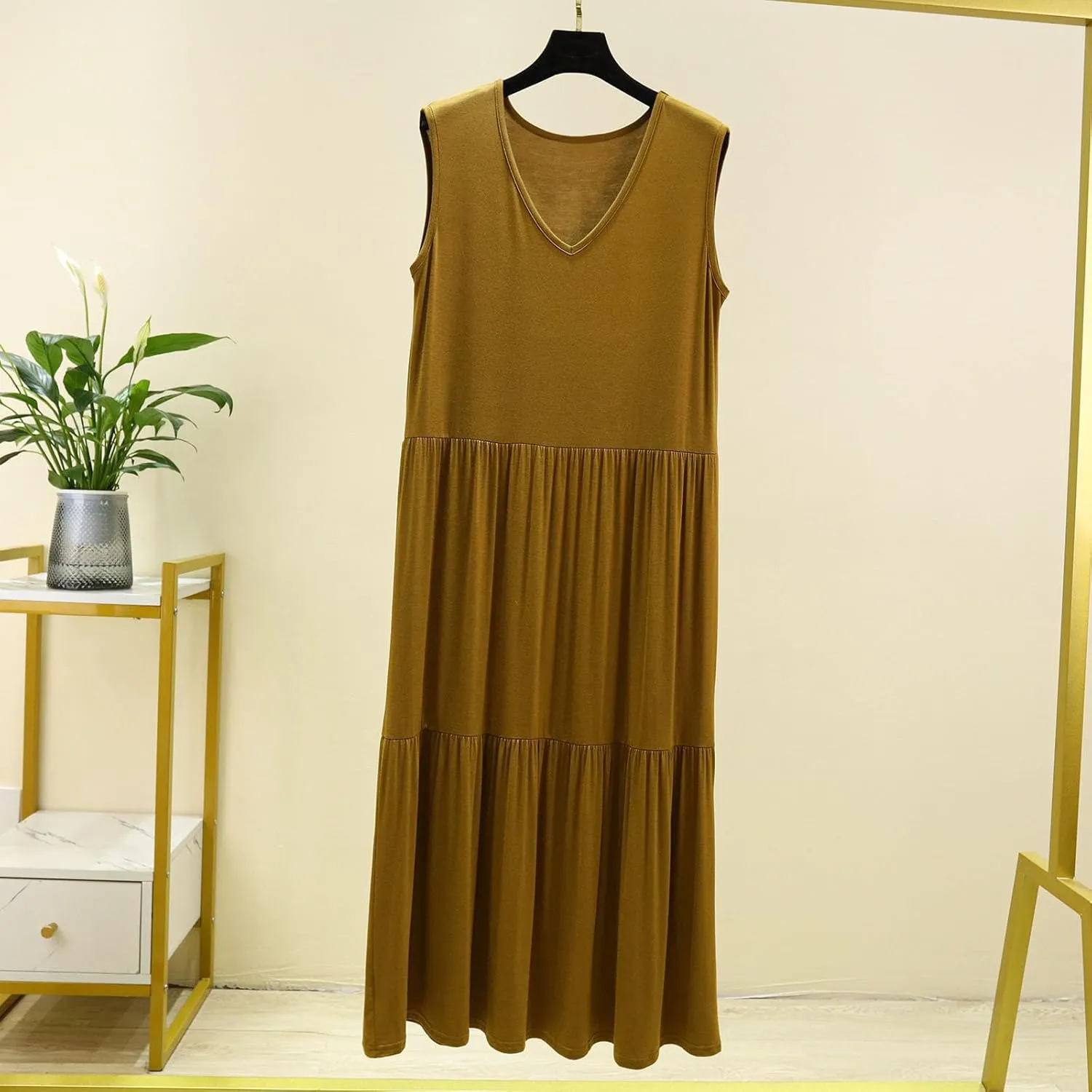 LEMONONSTORE 2025 Fashion Pleated Summer Dresses Women Sleeveless Cotton Linen Maxi Dress Plain V Neck Casual Beach Sundress