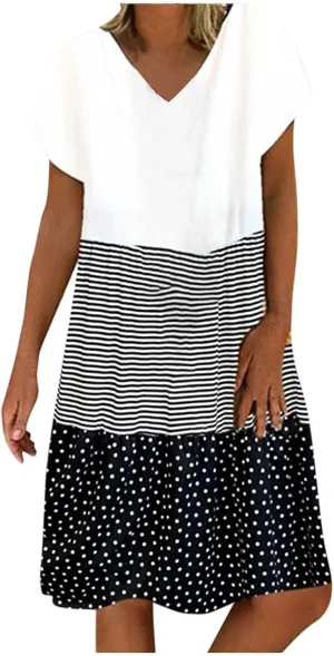 LEMONONSTORE Summer Dress for Women Trendy Striped Color Block Babydoll Sundress Short Sleeve V Neck Ruffle Swing Dresses