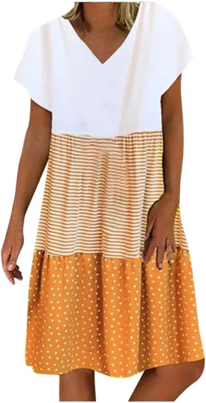 LEMONONSTORE Summer Dress for Women Trendy Striped Color Block Babydoll Sundress Short Sleeve V Neck Ruffle Swing Dresses
