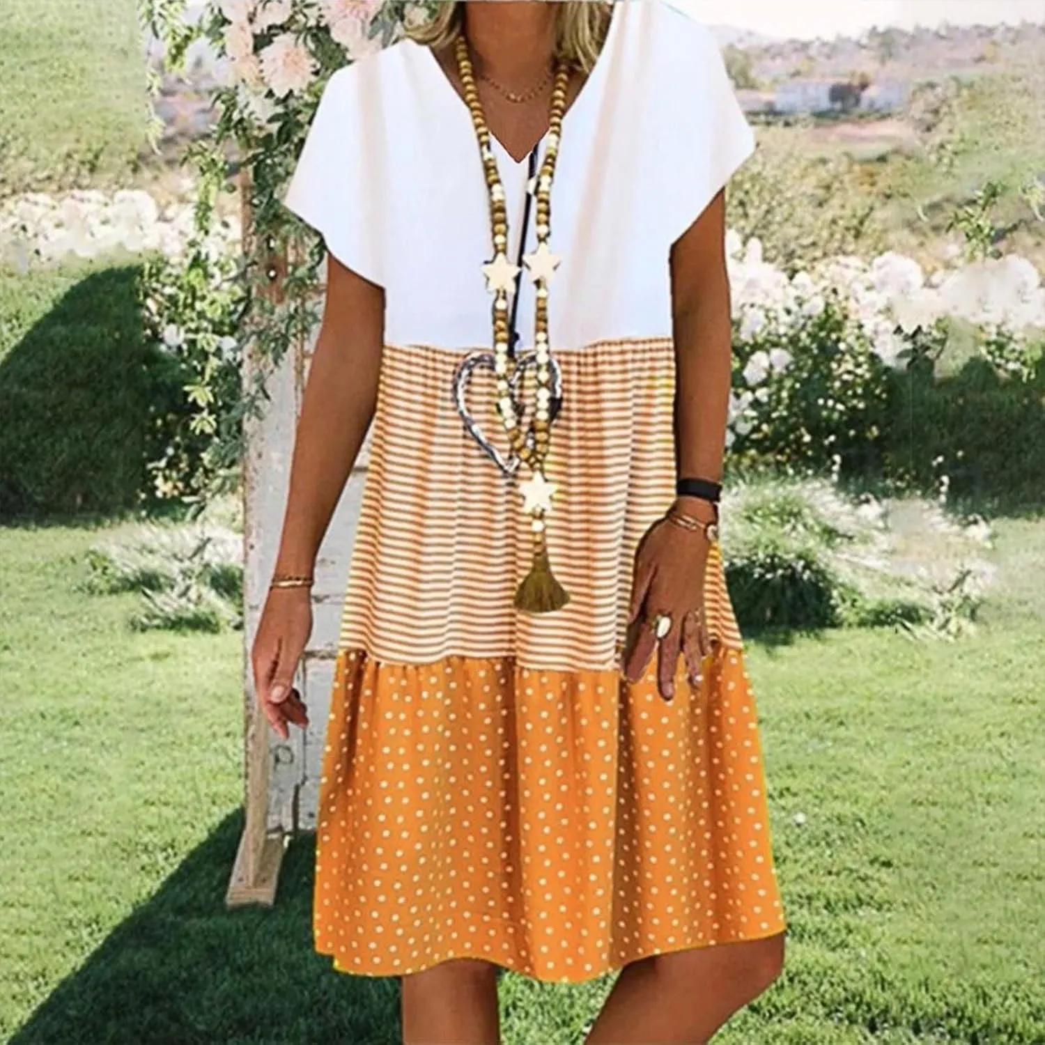 LEMONONSTORE Summer Dress for Women Trendy Striped Color Block Babydoll Sundress Short Sleeve V Neck Ruffle Swing Dresses