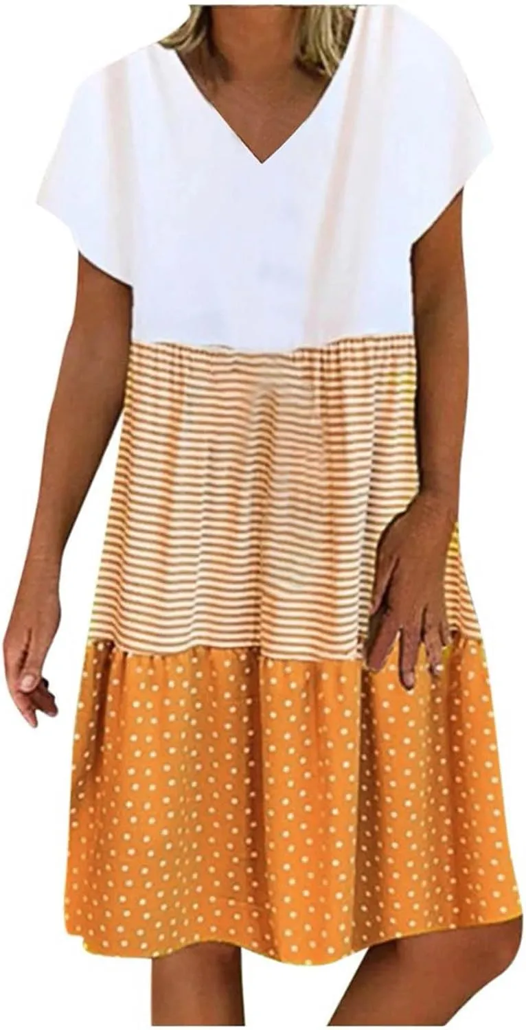 LEMONONSTORE Summer Dress for Women Trendy Striped Color Block Babydoll Sundress Short Sleeve V Neck Ruffle Swing Dresses