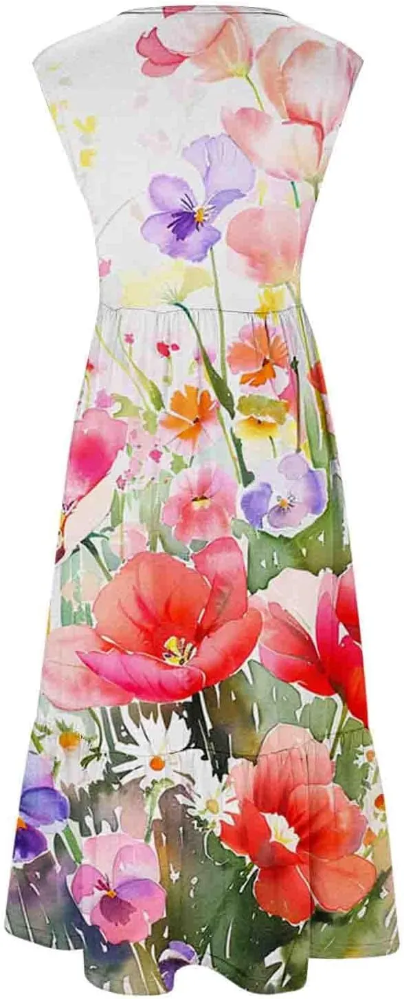 LEMONONSTORE Summer Dresses for Women 2025 Casual Below-Knee Pleated Swing Tank Dress Loose Fit Pocketed Boho Beach Sundress