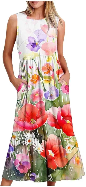 LEMONONSTORE Summer Dresses for Women 2025 Casual Below-Knee Pleated Swing Tank Dress Loose Fit Pocketed Boho Beach Sundress