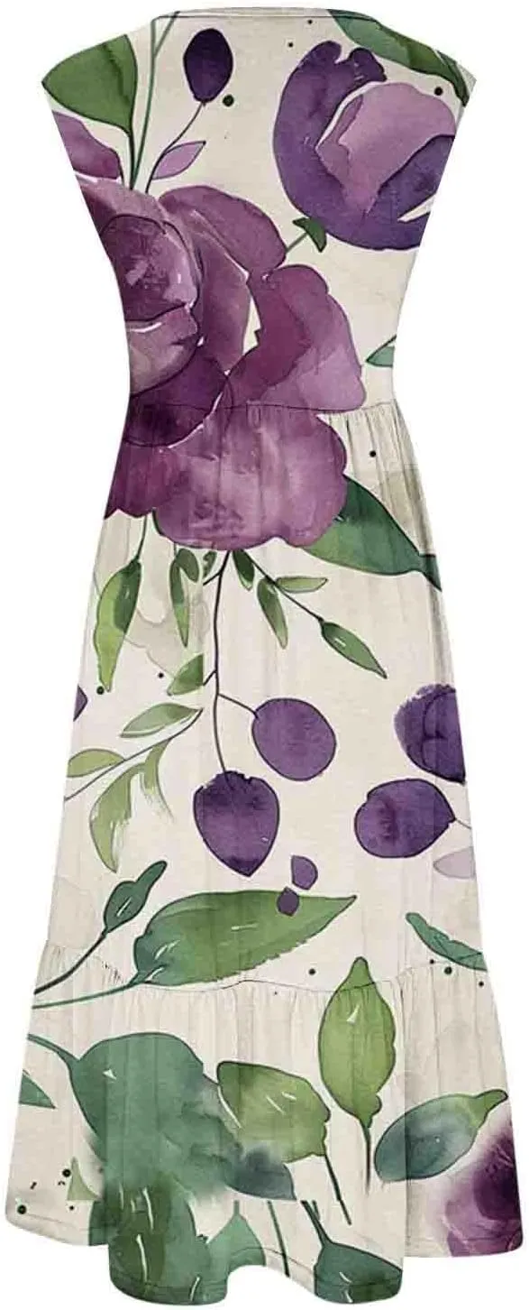 LEMONONSTORE Summer Dresses for Women 2025 Casual Below-Knee Pleated Swing Tank Dress Loose Fit Pocketed Boho Beach Sundress