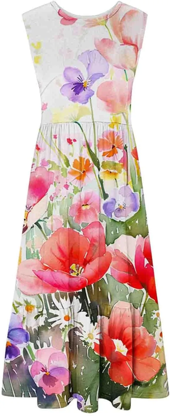 LEMONONSTORE Summer Dresses for Women 2025 Casual Below-Knee Pleated Swing Tank Dress Loose Fit Pocketed Boho Beach Sundress