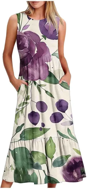 LEMONONSTORE Summer Dresses for Women 2025 Casual Below-Knee Pleated Swing Tank Dress Loose Fit Pocketed Boho Beach Sundress