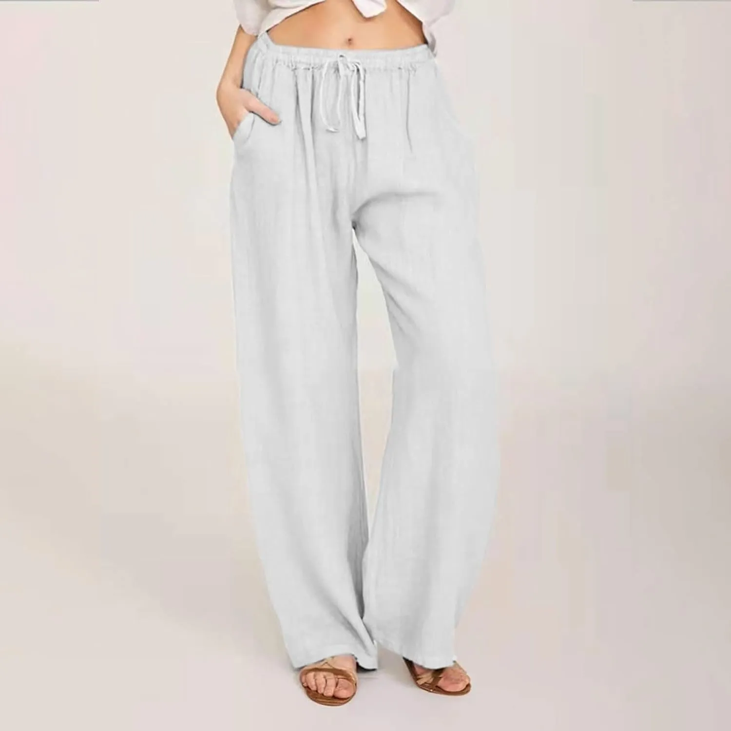 Linen Pants for women Summer Casual High Waisted Cotton Linen Palazzo Pants Wide Leg Long Lounge Pant Trousers
