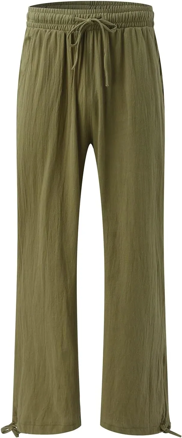 Linen Pants for Women Summer High Waisted Wide Leg Pants Casual Elastic Waist Palazzo Pants Beach Pants with Pockets