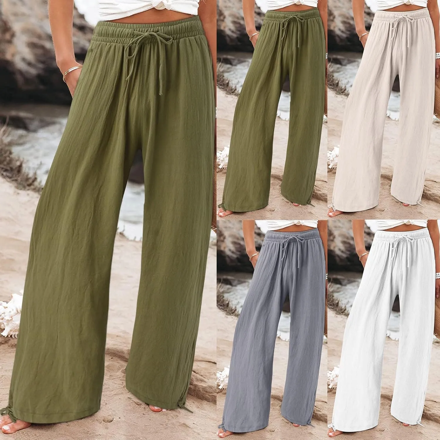 Linen Pants for Women Summer High Waisted Wide Leg Pants Casual Elastic Waist Palazzo Pants Beach Pants with Pockets