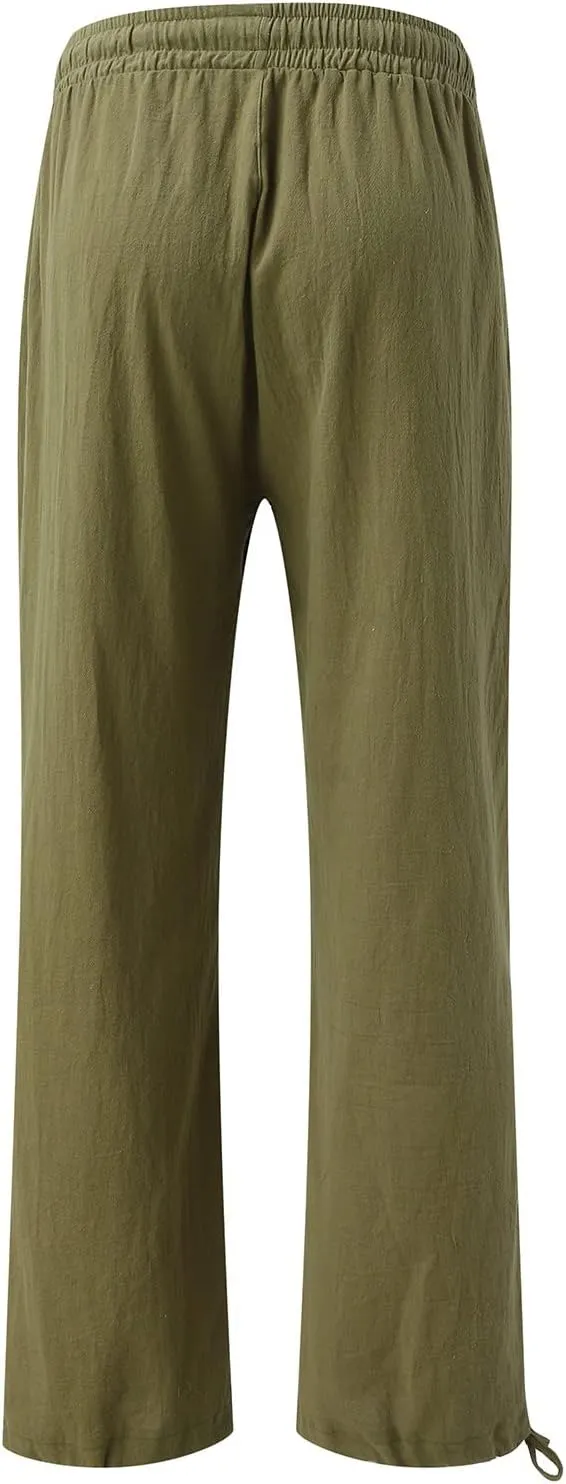 Linen Pants for Women Summer High Waisted Wide Leg Pants Casual Elastic Waist Palazzo Pants Beach Pants with Pockets