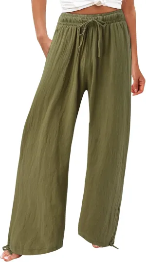 Linen Pants for Women Summer High Waisted Wide Leg Pants Casual Elastic Waist Palazzo Pants Beach Pants with Pockets