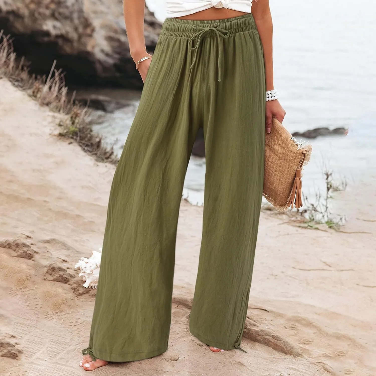 Linen Pants for Women Summer High Waisted Wide Leg Pants Casual Elastic Waist Palazzo Pants Beach Pants with Pockets