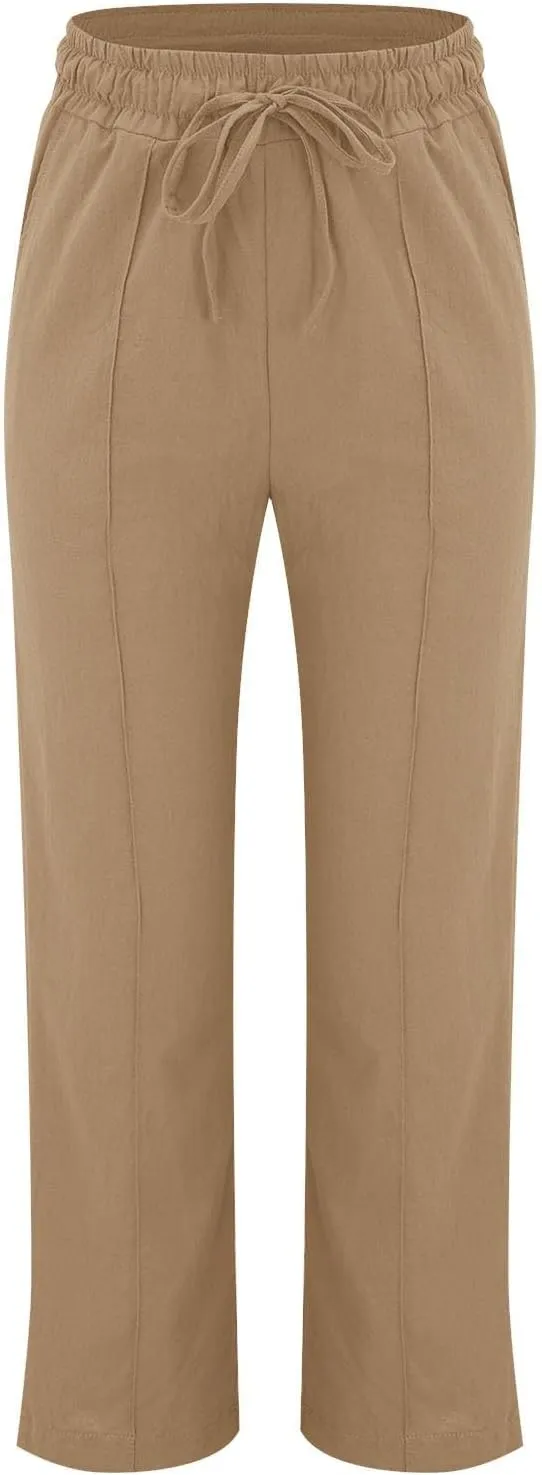 Linen Pants Women 2024 Casual Palazzo Drawstring Elastic Waist Straight Wide Leg Pant Solid Long Trousers with Pocket