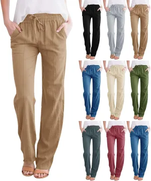 Linen Pants Women 2024 Casual Palazzo Drawstring Elastic Waist Straight Wide Leg Pant Solid Long Trousers with Pocket