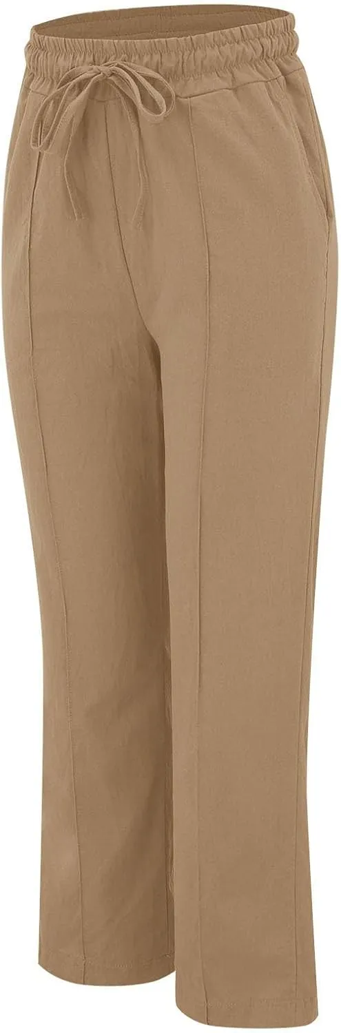 Linen Pants Women 2024 Casual Palazzo Drawstring Elastic Waist Straight Wide Leg Pant Solid Long Trousers with Pocket