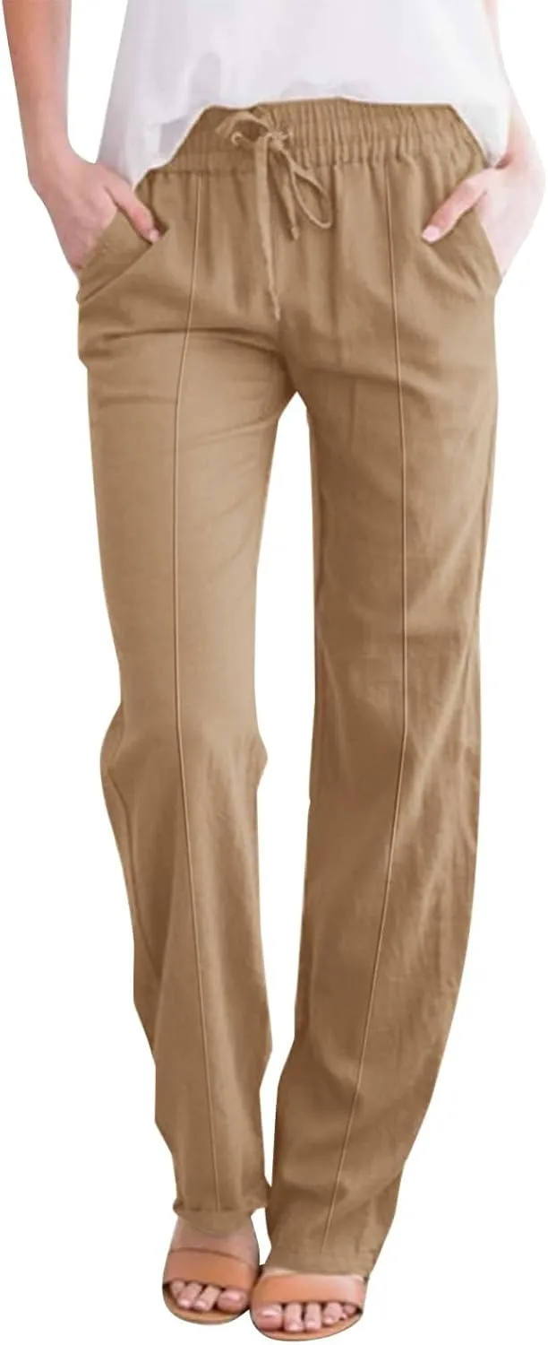 Linen Pants Women 2024 Casual Palazzo Drawstring Elastic Waist Straight Wide Leg Pant Solid Long Trousers with Pocket