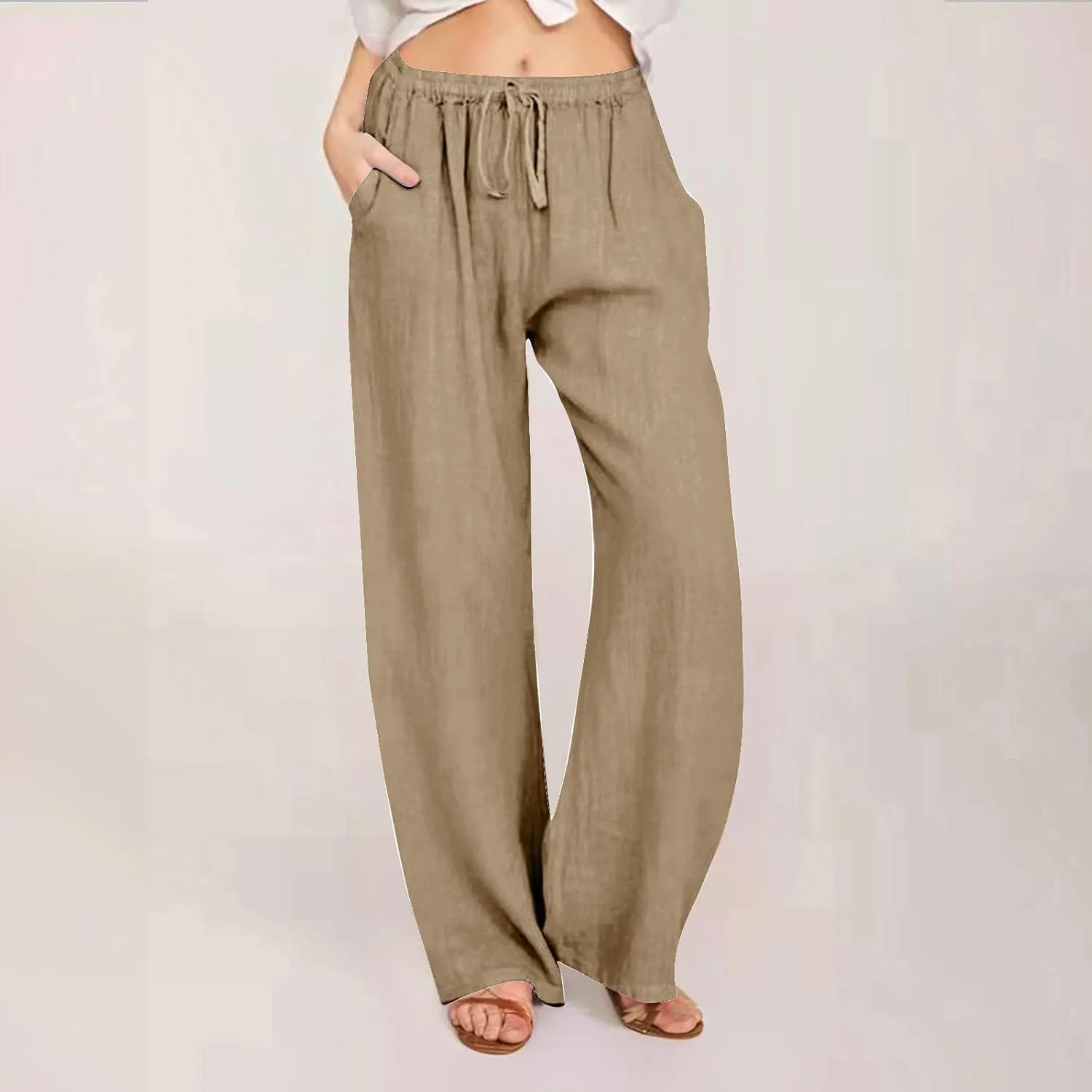 Linen Pants Women Casual High Waist Wide Leg Pants Lightweight Drawstring Palazzo Pants Lounge Pants with Pockets