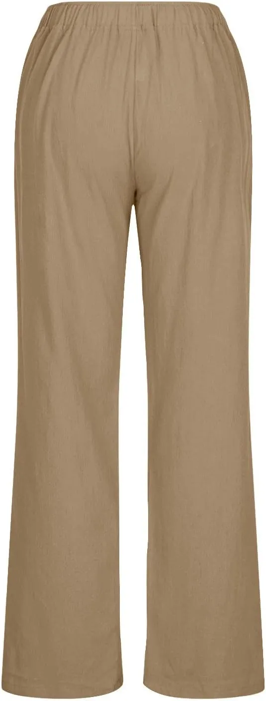 Linen Pants Women Casual High Waist Wide Leg Pants Lightweight Drawstring Palazzo Pants Lounge Pants with Pockets