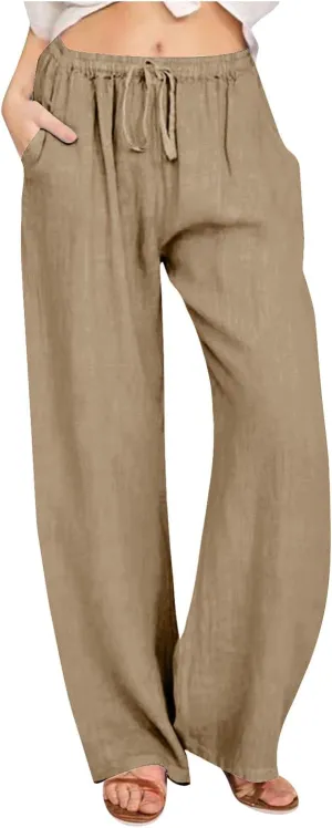 Linen Pants Women Casual High Waist Wide Leg Pants Lightweight Drawstring Palazzo Pants Lounge Pants with Pockets