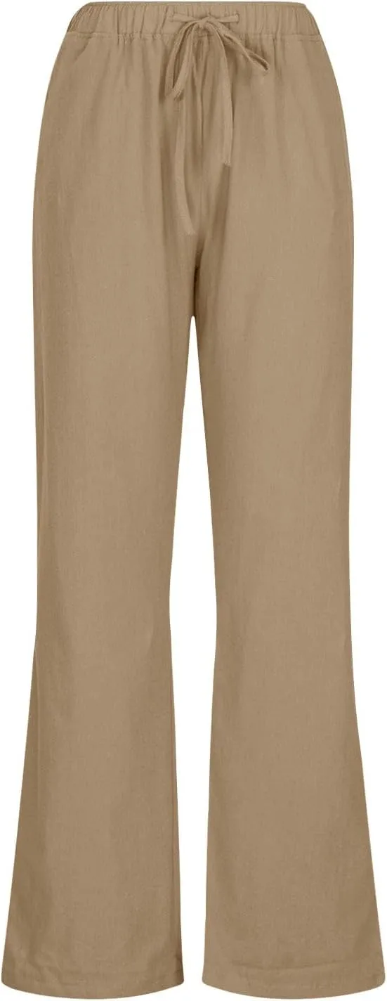 Linen Pants Women Casual High Waist Wide Leg Pants Lightweight Drawstring Palazzo Pants Lounge Pants with Pockets