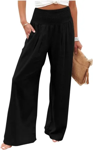 Linen Pants Women Palazzo Wide Leg Lounge Pants Elastic Waist Smocked Pants Summer Trousers with Pockets
