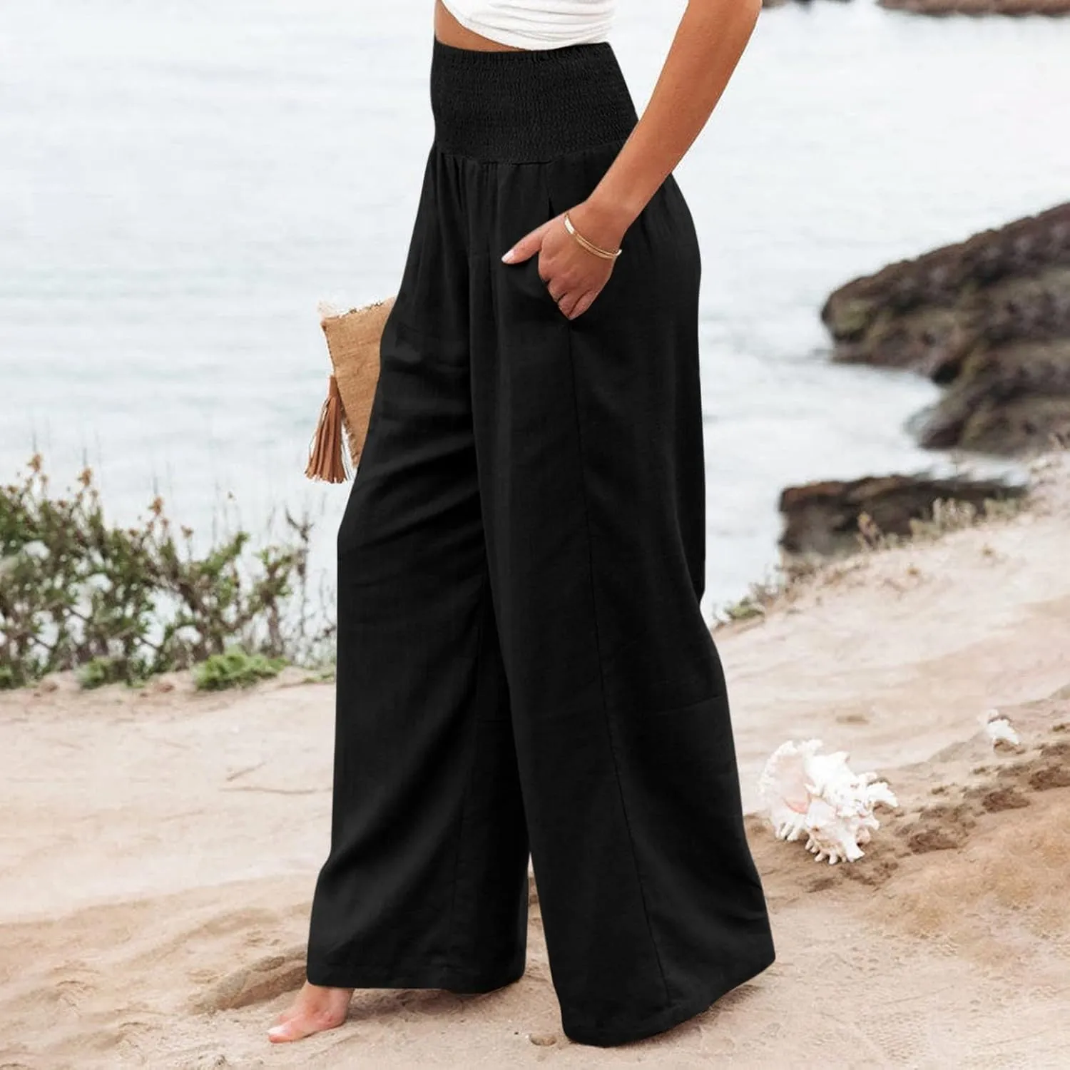 Linen Pants Women Palazzo Wide Leg Lounge Pants Elastic Waist Smocked Pants Summer Trousers with Pockets