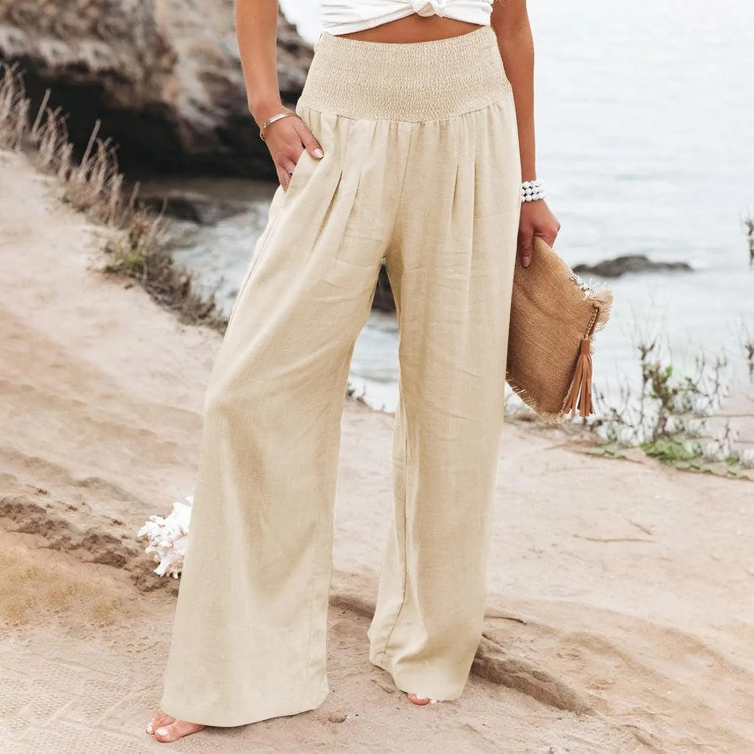 Linen Pants Women Palazzo Wide Leg Lounge Pants Elastic Waist Smocked Pants Summer Trousers with Pockets