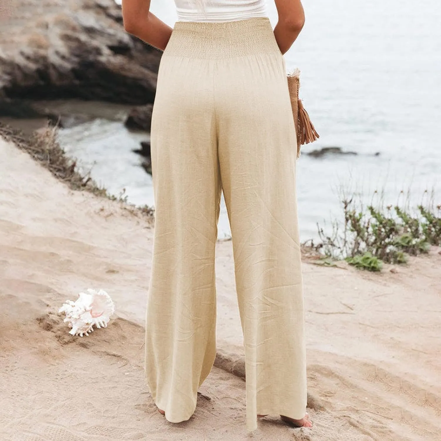 Linen Pants Women Palazzo Wide Leg Lounge Pants Elastic Waist Smocked Pants Summer Trousers with Pockets
