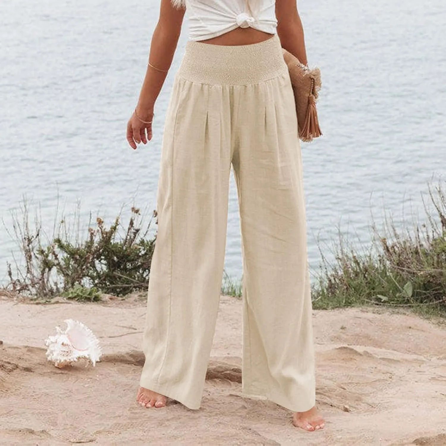 Linen Pants Women Palazzo Wide Leg Lounge Pants Elastic Waist Smocked Pants Summer Trousers with Pockets
