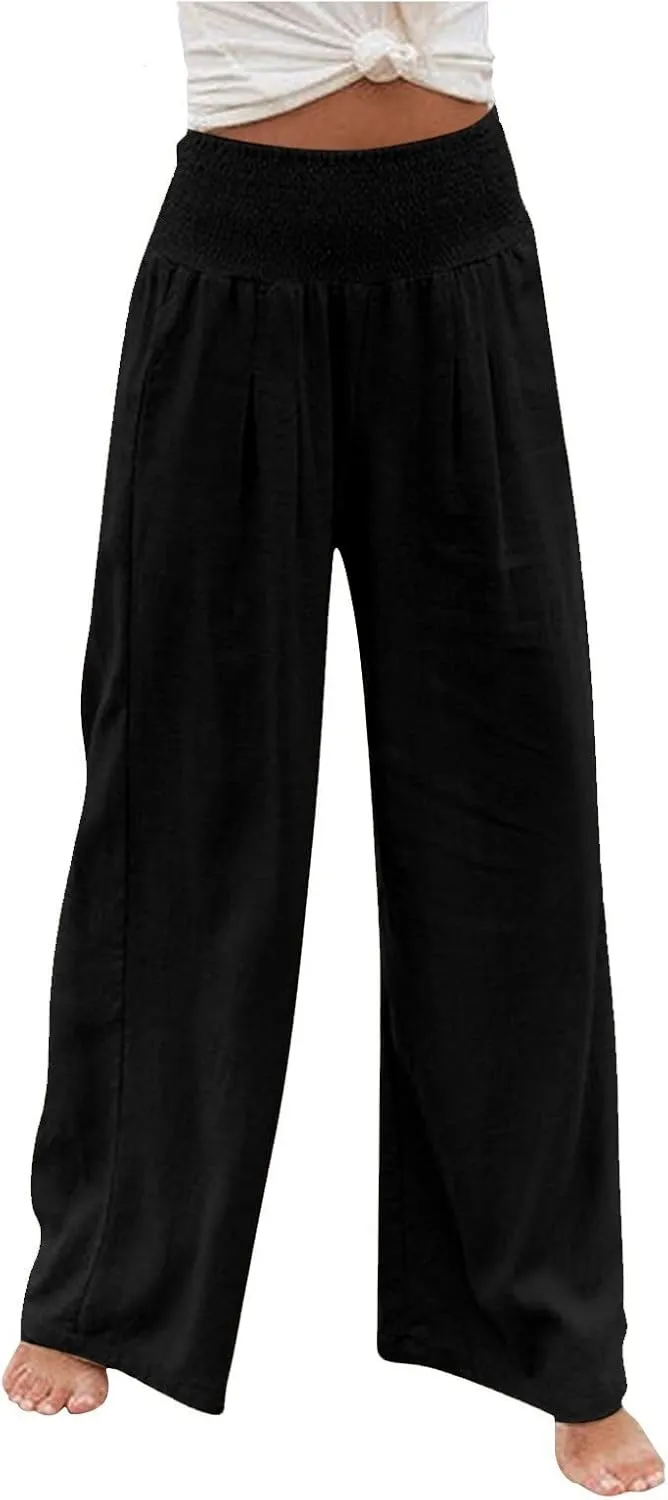 Linen Pants Women Palazzo Wide Leg Lounge Pants Elastic Waist Smocked Pants Summer Trousers with Pockets