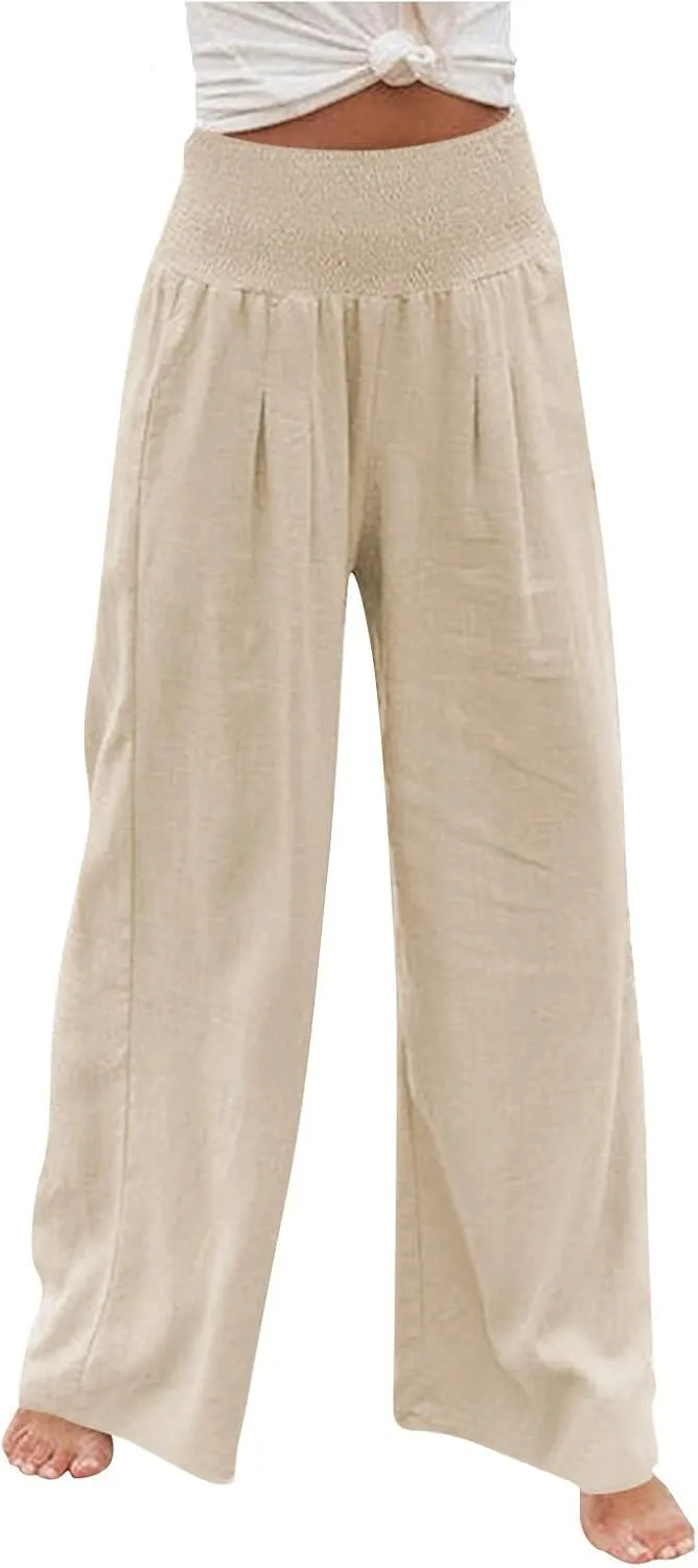 Linen Pants Women Palazzo Wide Leg Lounge Pants Elastic Waist Smocked Pants Summer Trousers with Pockets