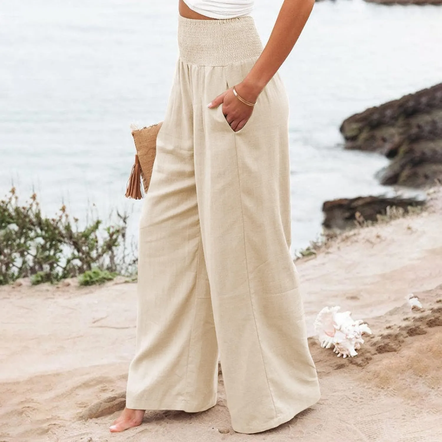 Linen Pants Women Palazzo Wide Leg Lounge Pants Elastic Waist Smocked Pants Summer Trousers with Pockets