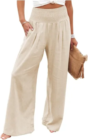 Linen Pants Women Palazzo Wide Leg Lounge Pants Elastic Waist Smocked Pants Summer Trousers with Pockets