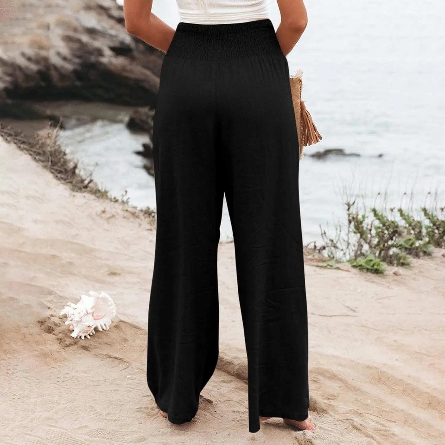 Linen Pants Women Palazzo Wide Leg Lounge Pants Elastic Waist Smocked Pants Summer Trousers with Pockets