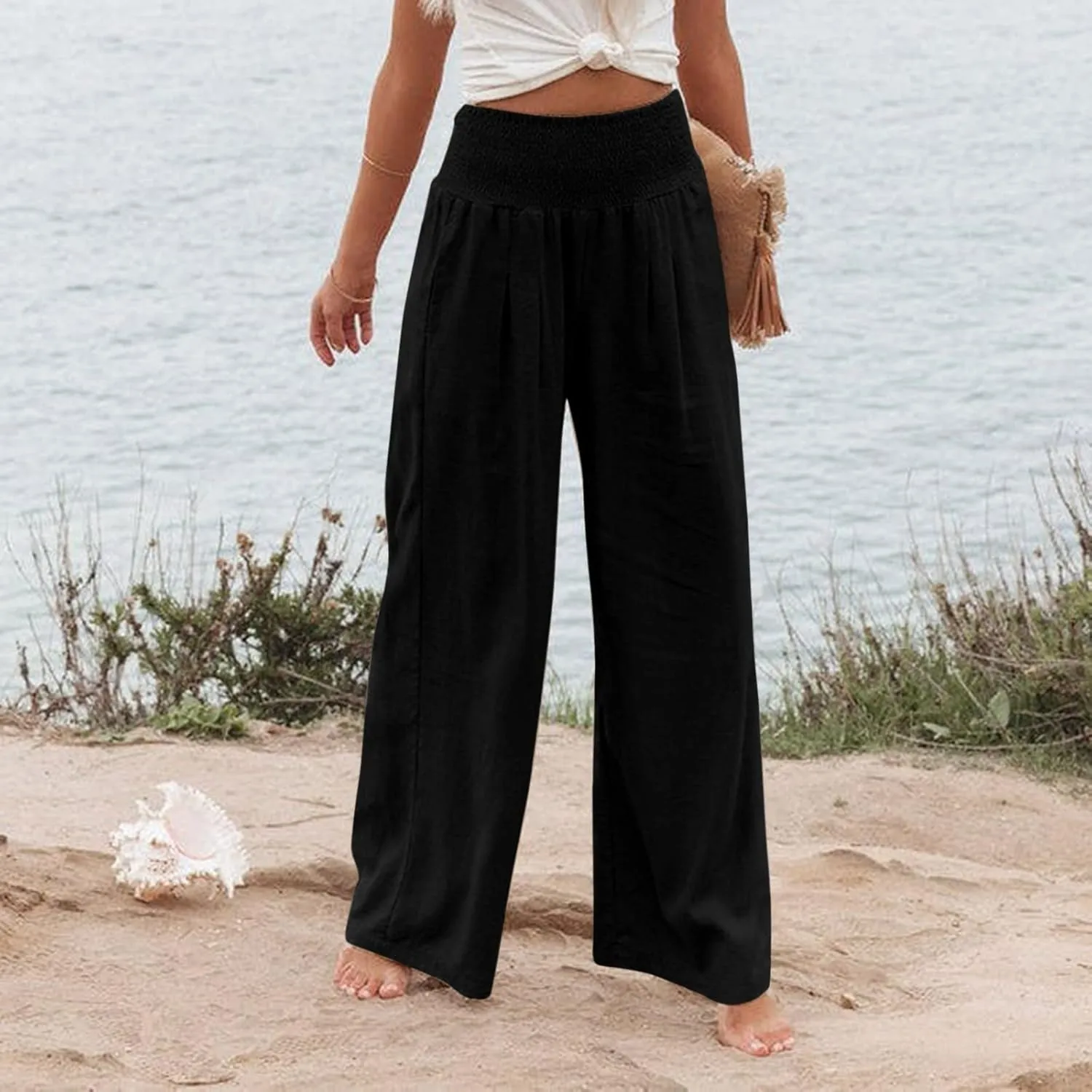Linen Pants Women Palazzo Wide Leg Lounge Pants Elastic Waist Smocked Pants Summer Trousers with Pockets
