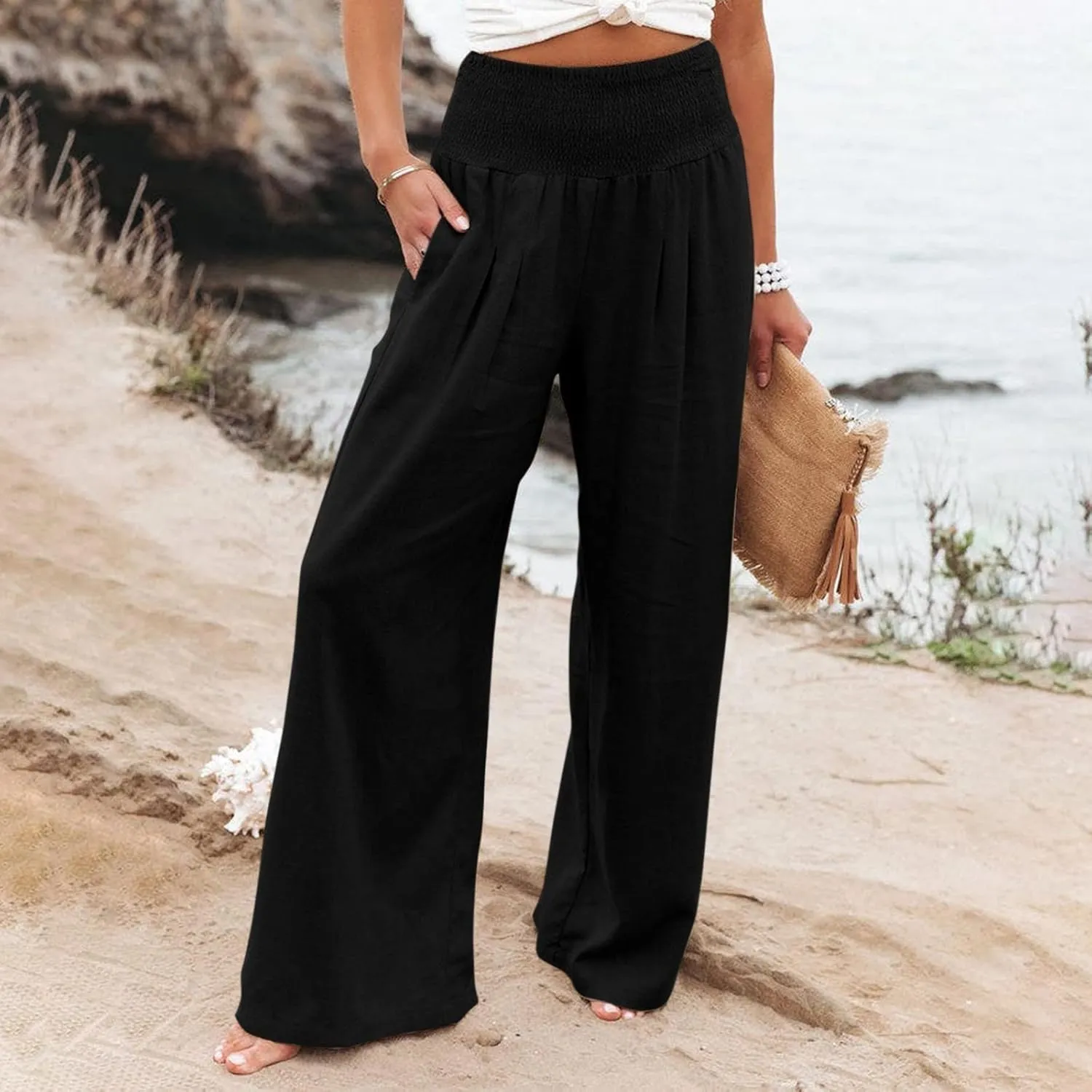 Linen Pants Women Palazzo Wide Leg Lounge Pants Elastic Waist Smocked Pants Summer Trousers with Pockets