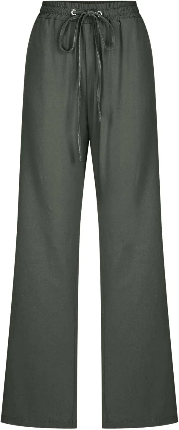 Linen Pants Women Petite Women Loose High Waist Drawstring Flowy Wide Leg Beach Pants Casual Trousers with Pockets