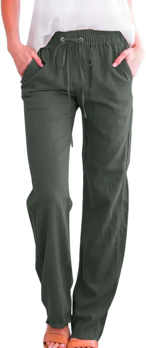 Linen Pants Women Petite Women Loose High Waist Drawstring Flowy Wide Leg Beach Pants Casual Trousers with Pockets
