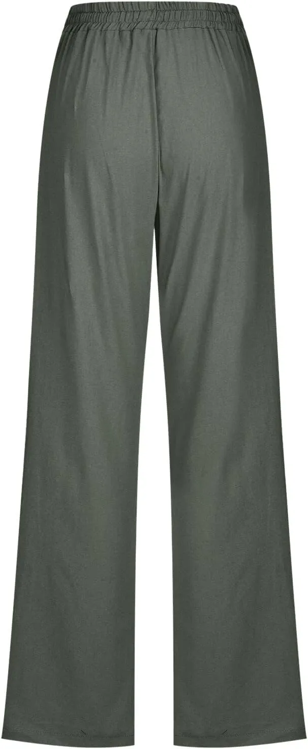 Linen Pants Women Petite Women Loose High Waist Drawstring Flowy Wide Leg Beach Pants Casual Trousers with Pockets