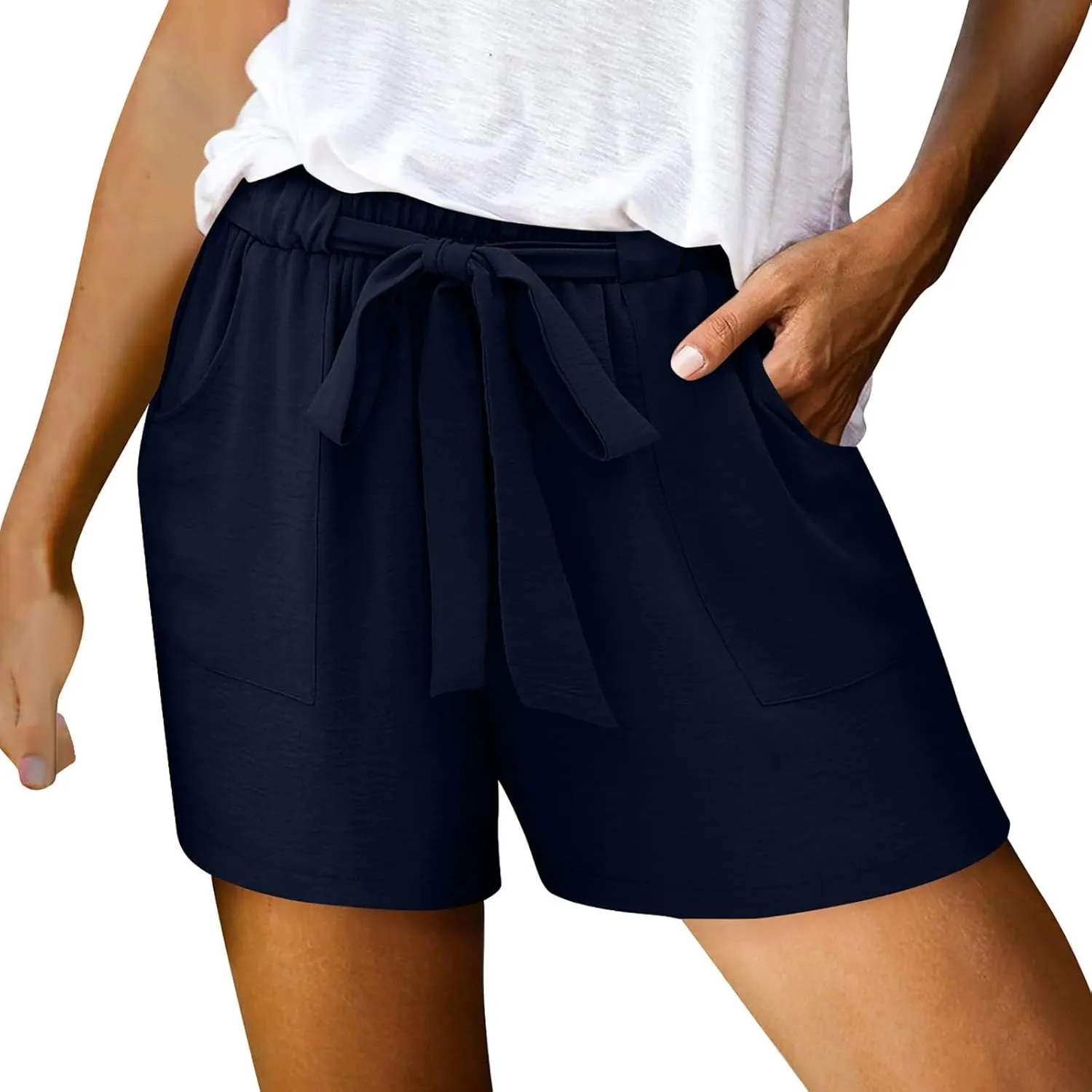 Linen Shorts for Women High Waisted Cotton Shorts Wide Leg Drawstring Pants Elastic Waist Short Pants with Pockets