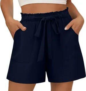 Linen Shorts for Women High Waisted Cotton Shorts Wide Leg Drawstring Pants Elastic Waist Short Pants with Pockets