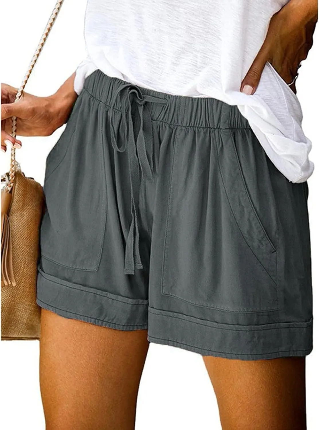 Linen Shorts for Women High Waisted Cotton Summer Shorts Wide Leg Loose Fit Drawstring Short Pants with Pockets Beach Fashion