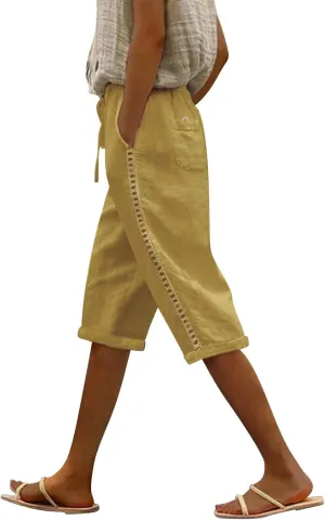 Linen Shorts for Women Knee Length Drawstring Elastic Waist Side Cutout Bermuda Shorts Pockets Summer Casual Shorts