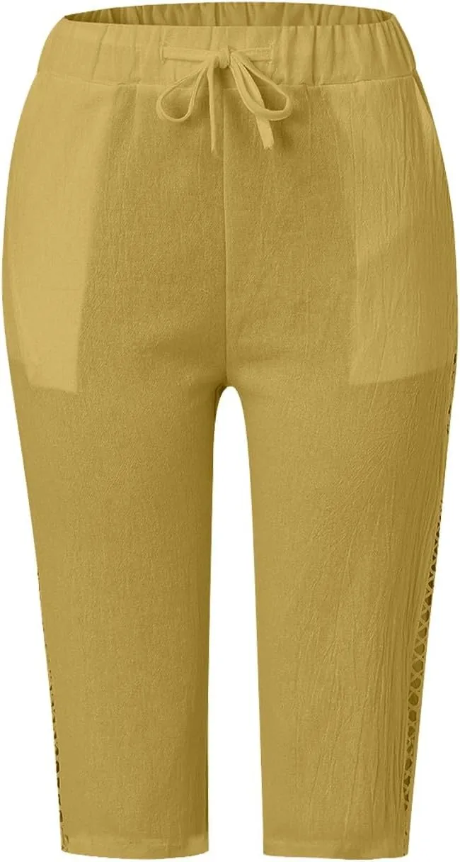 Linen Shorts for Women Knee Length Drawstring Elastic Waist Side Cutout Bermuda Shorts Pockets Summer Casual Shorts