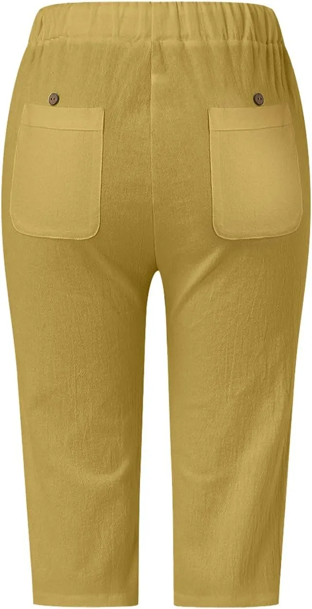 Linen Shorts for Women Knee Length Drawstring Elastic Waist Side Cutout Bermuda Shorts Pockets Summer Casual Shorts