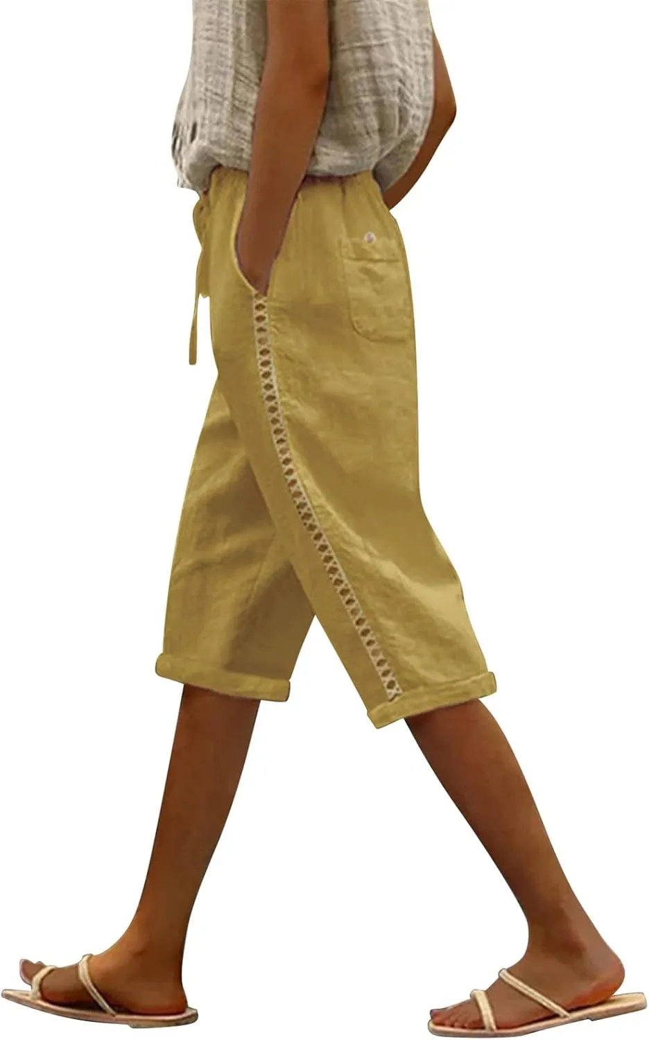Linen Shorts for Women Knee Length Drawstring Elastic Waist Side Cutout Bermuda Shorts Pockets Summer Casual Shorts