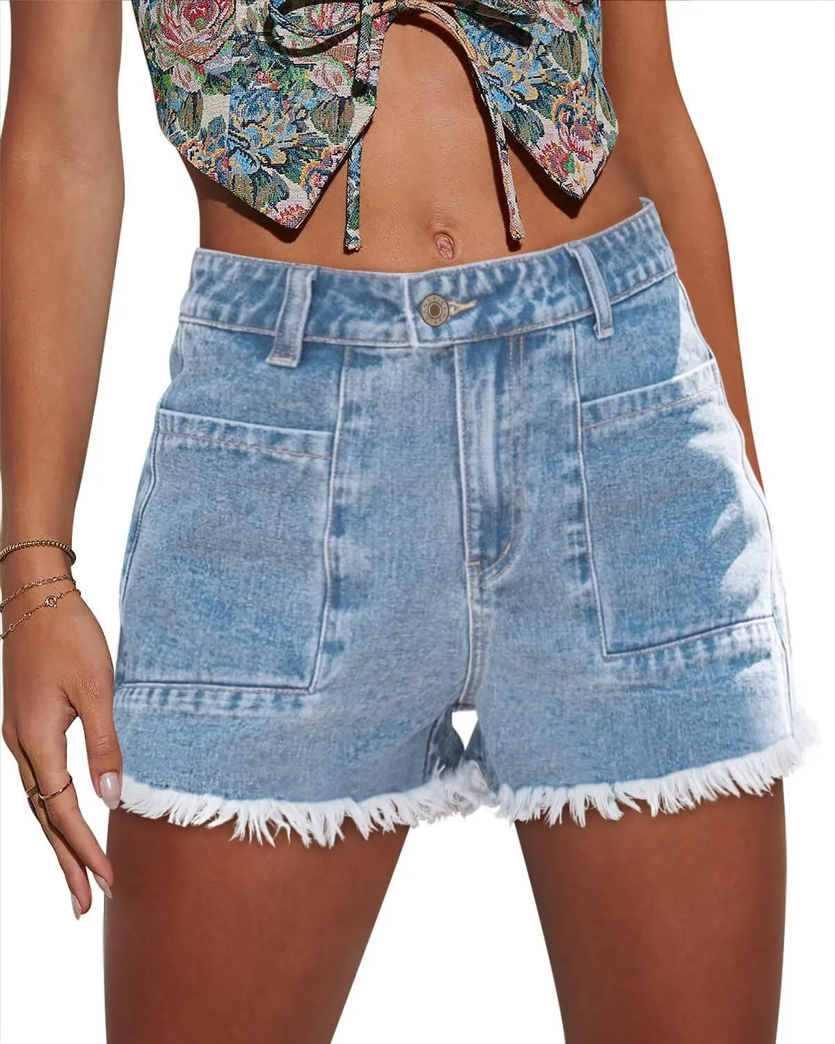 Magritta Denim Shorts for Women Mid Waisted Folded Hem Ripped Jean Shorts