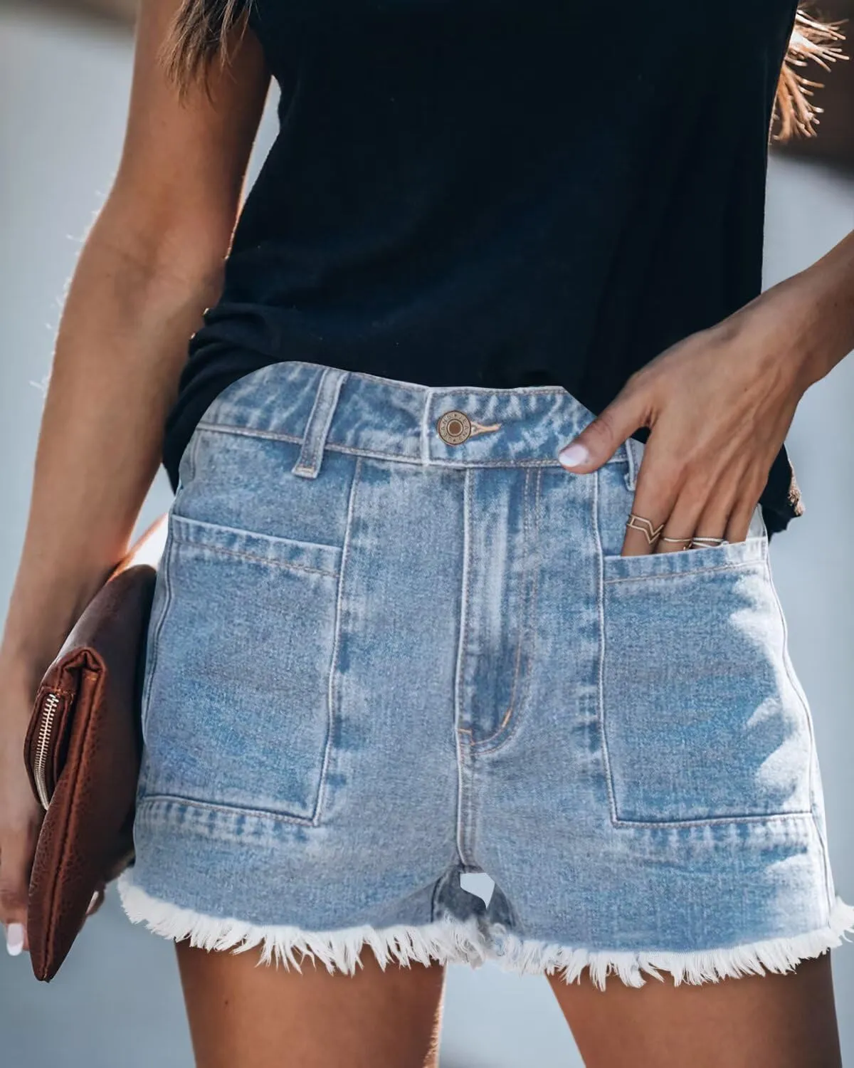 Magritta Denim Shorts for Women Mid Waisted Folded Hem Ripped Jean Shorts