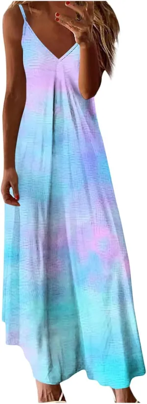 Maxi Dresses for Women 2025 Plus Size Sleeveless Spaghetti Strap Beach Boho Dress Flowy Long Dresses