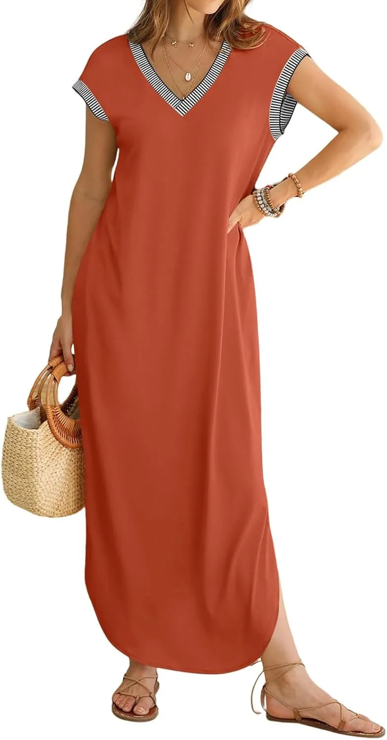 Maxi Dresses for Women Loose Fit Sundress Short Sleeve V Neck Tops Dresses Casual Split Beach Summer Dress 2025